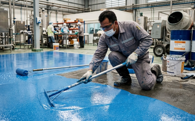 พื้น PU MF (Polyurethane Medium Flow) ระบบเคลือบพื้นโพลียูรีเทน ความหนาประมาณ 3-6 มม. สำหรับโรงงานอาหาร, ยา, ห้องเย็น, และคลังสินค้า มาตรฐาน GMP/HACCP 